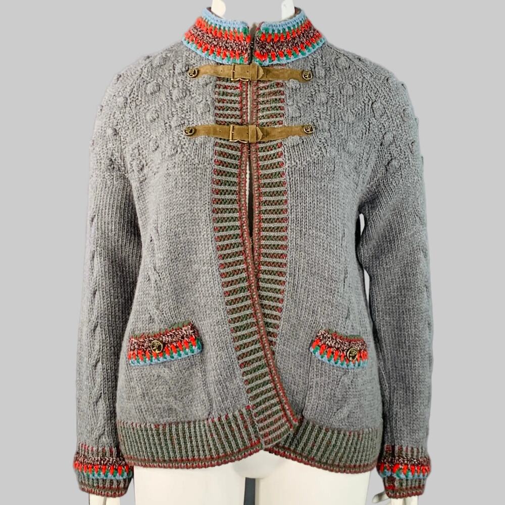 CHANEL Grey Multi Color Wool Cable Knit Bobble Leather Trim Jacket